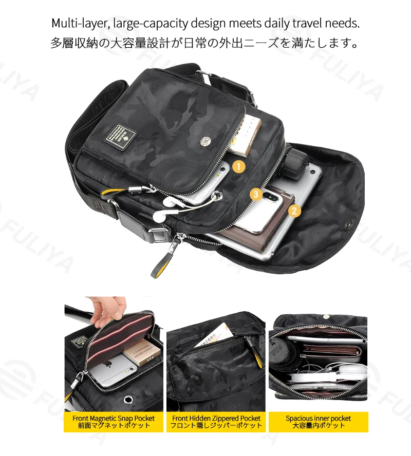 広州富麗雅実業有限会社  C-81248 迷彩ショルダーバッグ、撥水・耐磨耗、大容量多層収納、ヘッドホン穴、前面マグネットポケット、隠しジッパーポケット、調節バックル - 通勤・旅行・デイリーに。