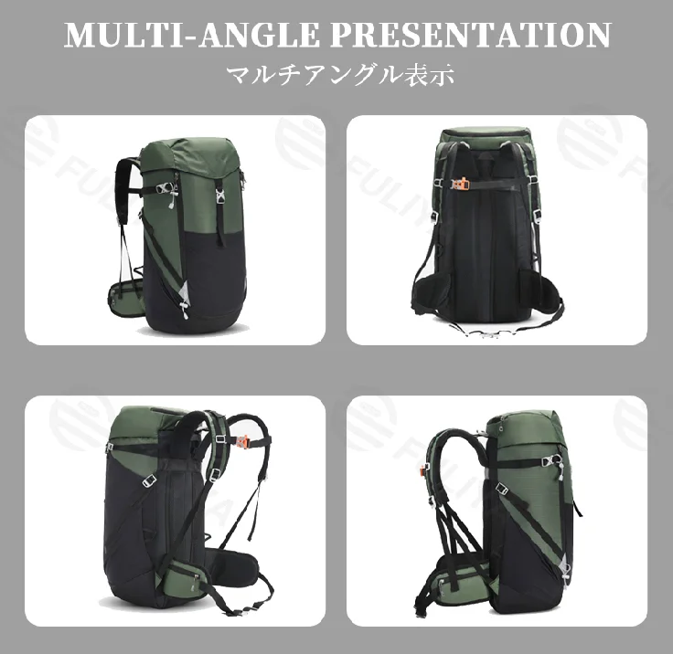 Guangzhou Fuliya Industry Co.,Ltd C-81285 50L outdoor hiking backpack, water-repellent, large capacity, laptop compartment, water bottle cord, and thickened sponge padding - for hiking, trekking, and camping.