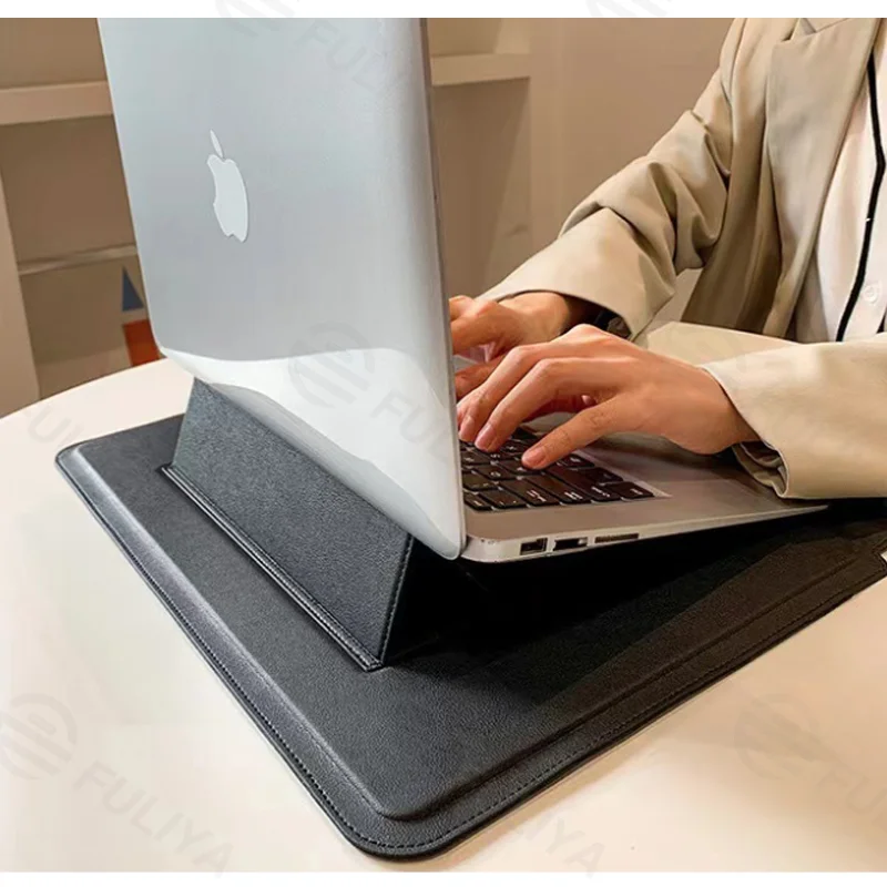 Guangzhou Fuliya Industry Co.,Ltd C-81257 2-in-1 laptop sleeve with magnetic foldable stand, doubles as cooling stand and wrist rest, waterproof soft leather, strong magnets - for MacBook, Lenovo, Huawei, etc.