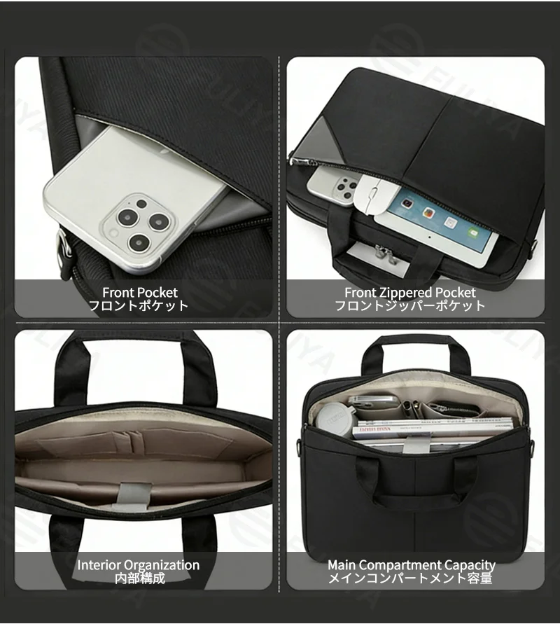 Guangzhou Fuliya Industry Co.,Ltd C-81260 16-inch nylon laptop bag, hand/shoulder/crossbody carry, padded shoulder strap, front and back pockets, multi-layer interior, and luggage strap - for business, office, and travel.