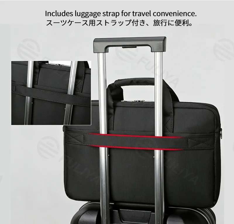 Guangzhou Fuliya Industry Co.,Ltd C-81260 16-inch nylon laptop bag, hand/shoulder/crossbody carry, padded shoulder strap, front and back pockets, multi-layer interior, and luggage strap - for business, office, and travel.