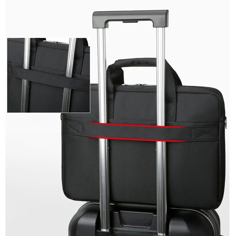 Guangzhou Fuliya Industry Co.,Ltd C-81260 16-inch nylon laptop bag, hand/shoulder/crossbody carry, padded shoulder strap, front and back pockets, multi-layer interior, and luggage strap - for business, office, and travel.