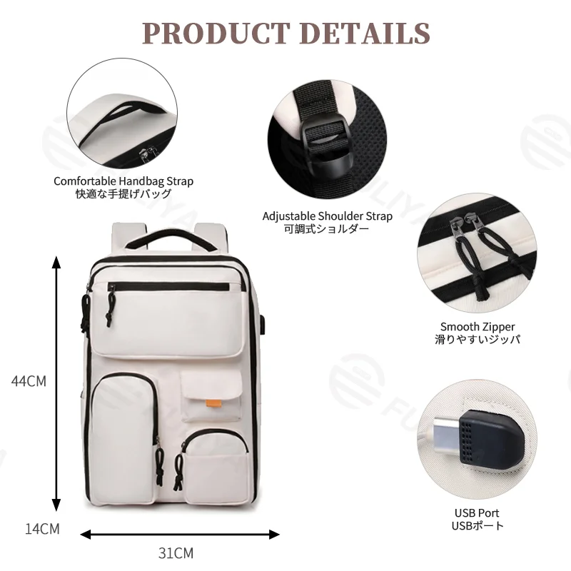 Guangzhou Fuliya Industry Co.,Ltd C-81263 Multi-functional backpack, water-resistant and scratch-resistant, 180° full-open, large capacity with compartments, laptop sleeve, USB port, and luggage strap - for commuting, business trips, and school.