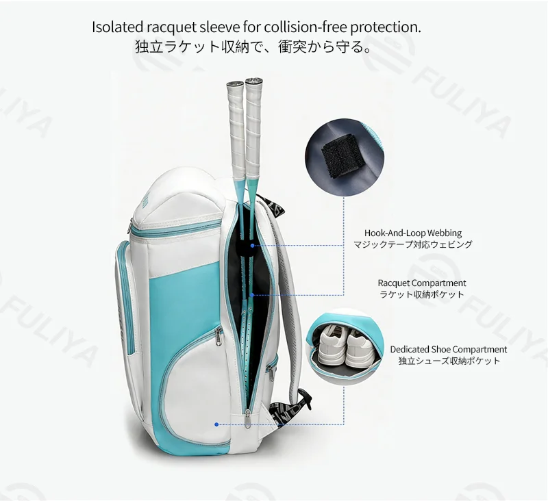 Guangzhou Fuliya Industry Co.,Ltd C-81265 Multi-functional tennis backpack, large capacity, dedicated racket and shoe compartments, front/back zipper pockets, side bottle pocket, and adjustable straps - for sports and daily use.