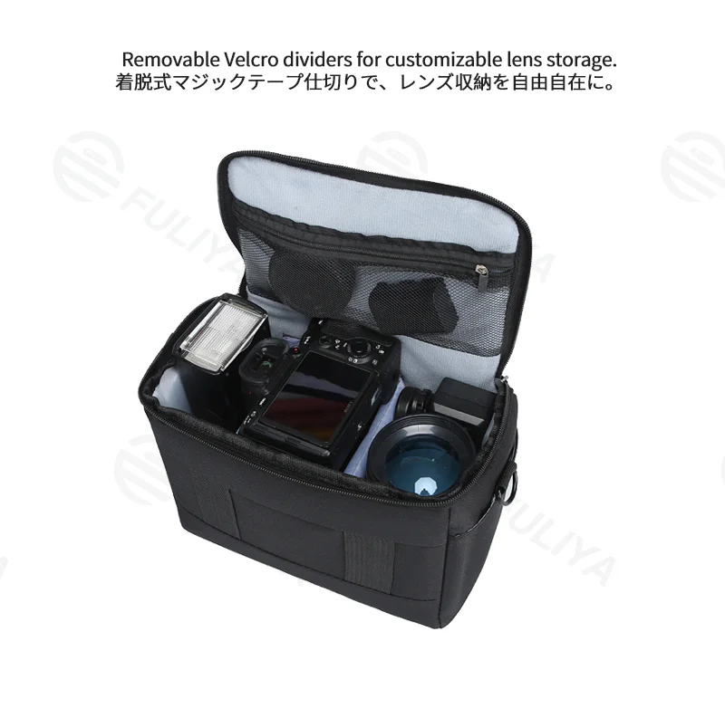 Guangzhou Fuliya Industry Co.,Ltd C-81268 Casual shoulder camera bag, water-resistant and wear-resistant, plush lining, removable dividers, mesh pocket, padded handle, and detachable strap - for DSLR, mirrorless, and daily use.