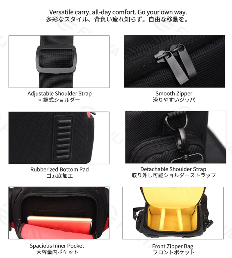 広州富麗雅実業有限会社 C-81270 ショルダーカメラバッグ、撥水・耐磨耗、大容量メイン収納、取り外しショルダー、ゴム底加工、前面ジッパーポケット - 多サイズ、一眼レフ・ミラーレスに。