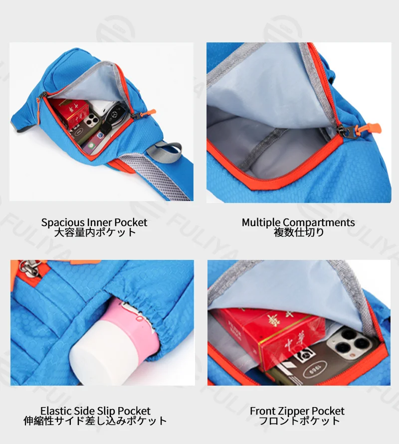 Guangzhou Fuliya Industry Co.,Ltd C-81282 Sports casual chest bag, multi-pocket large capacity, handle, breathable back panel, elastic side pocket, and front zipper pocket - shoulder, crossbody, or hand carry.