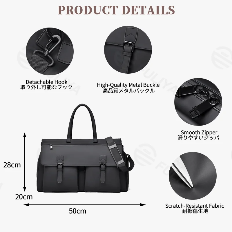 Guangzhou Fuliya Industry Co.,Ltd C-81284 Men's casual travel bag, large capacity with multi-layer storage, front/back zipper pockets, detachable hook, metal buckle, and wet/dry compartment - for commuting, fitness, and travel.