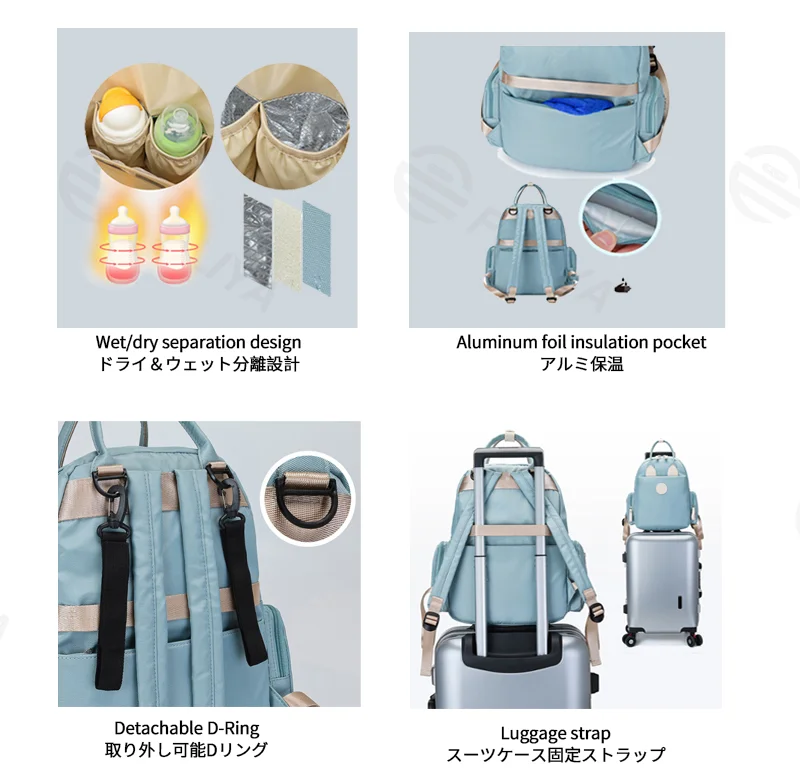 Guangzhou Fuliya Industry Co.,Ltd C-81286 Stylish mommy backpack, hand, shoulder, or backpack carry, multi-pocket organization, wet/dry pocket, foil-insulated bottle pocket, side pockets, and luggage strap - for baby outings and travel.