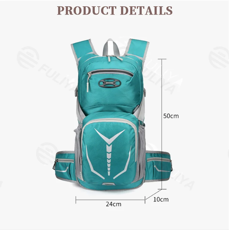 Guangzhou Fuliya Industry Co.,Ltd C-81289 Multi-functional cycling hydration backpack, hydration bladder compatible, hydration port, reflective strips, helmet holder, breathable back panel, waist belt and chest buckle - for cycling and outdoor sports.