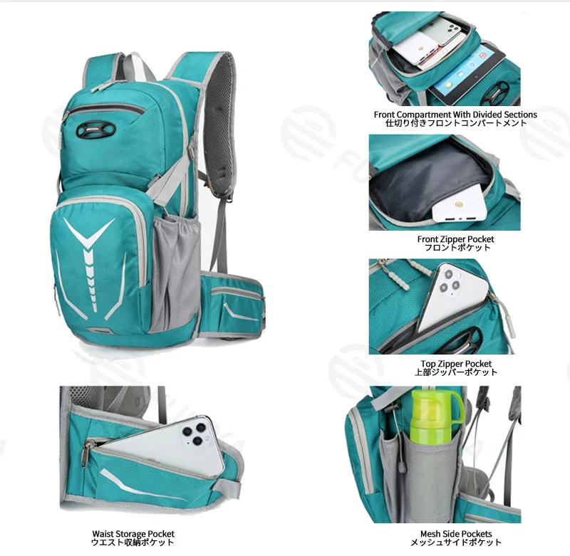 Guangzhou Fuliya Industry Co.,Ltd C-81289 Multi-functional cycling hydration backpack, hydration bladder compatible, hydration port, reflective strips, helmet holder, breathable back panel, waist belt and chest buckle - for cycling and outdoor sports.