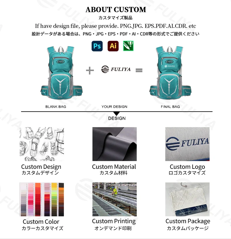 Guangzhou Fuliya Industry Co.,Ltd C-81289 Multi-functional cycling hydration backpack, hydration bladder compatible, hydration port, reflective strips, helmet holder, breathable back panel, waist belt and chest buckle - for cycling and outdoor sports.