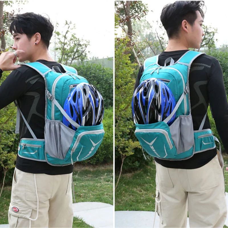 Guangzhou Fuliya Industry Co.,Ltd C-81289 Multi-functional cycling hydration backpack, hydration bladder compatible, hydration port, reflective strips, helmet holder, breathable back panel, waist belt and chest buckle - for cycling and outdoor sports.