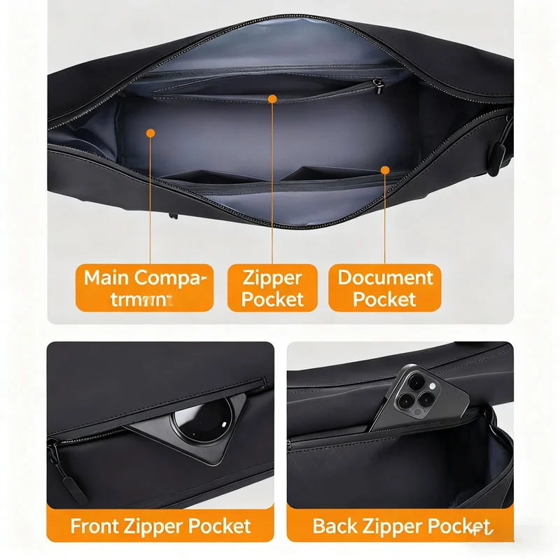 Guangzhou Fuliya Industry Co.,Ltd C-81292 Waterproof crossbody bag, large capacity with compartments, main pocket, zipper pocket, document pocket, and elastic side pocket, adjustable buckle - for commuting, business, and daily use.