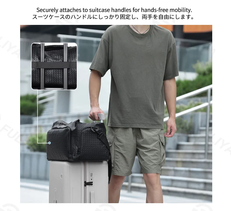 Guangzhou Fuliya Industry Co.,Ltd C-81293 PU leather travel gym bag, water-resistant and durable, large capacity with multi-layer storage, shoe compartment, wet/dry pocket, widened shoulder pad, and luggage strap - for short trips and fitness.