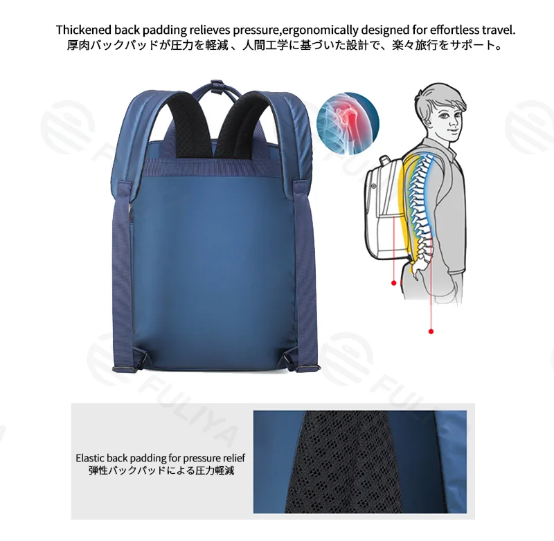 Guangzhou Fuliya Industry Co.,Ltd C-81294 PU waterproof backpack, large capacity, front zipper pocket, side pocket, adjustable strap, and pressure-relieving back padding - for commuting, sports, and travel.