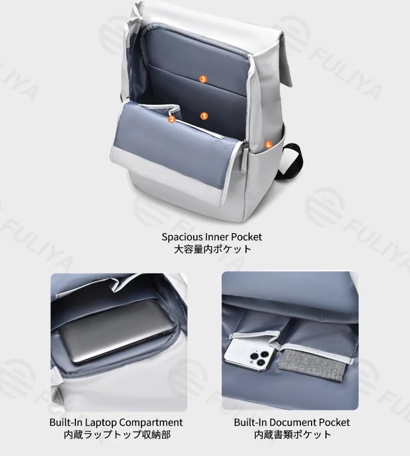Guangzhou Fuliya Industry Co.,Ltd C-81296 Casual backpack, water-resistant, large capacity, laptop compartment, front/back zipper pockets, side pocket, and magnetic flap - for commuting and daily use.