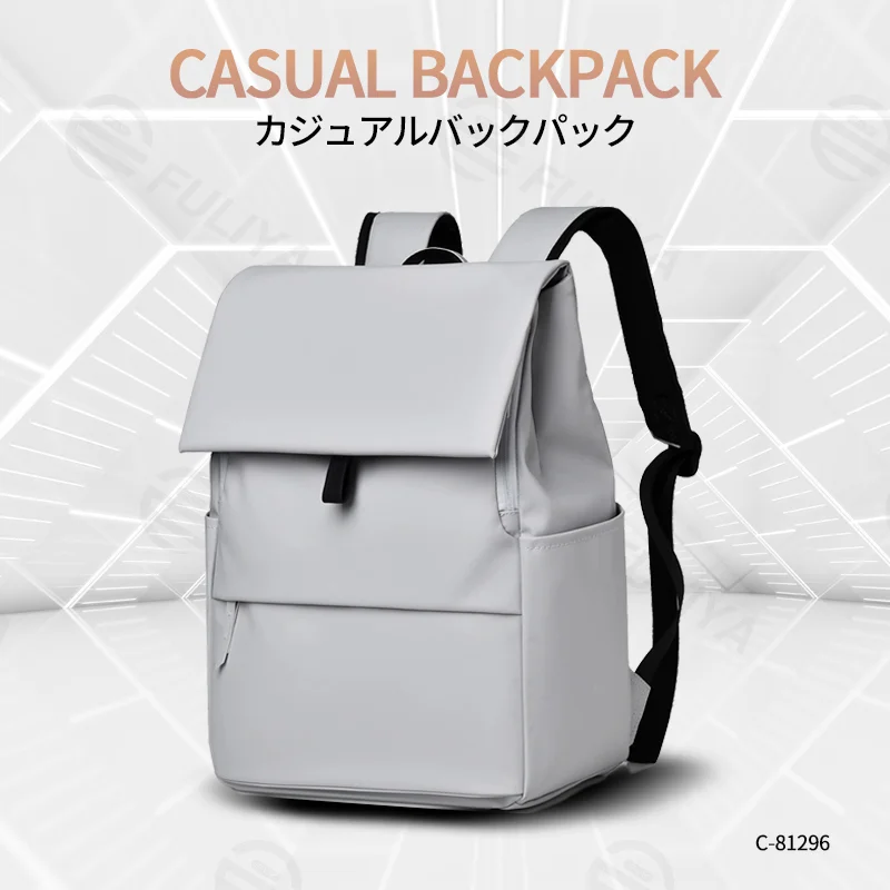 Guangzhou Fuliya Industry Co.,Ltd C-81296 Casual backpack, water-resistant, large capacity, laptop compartment, front/back zipper pockets, side pocket, and magnetic flap - for commuting and daily use.