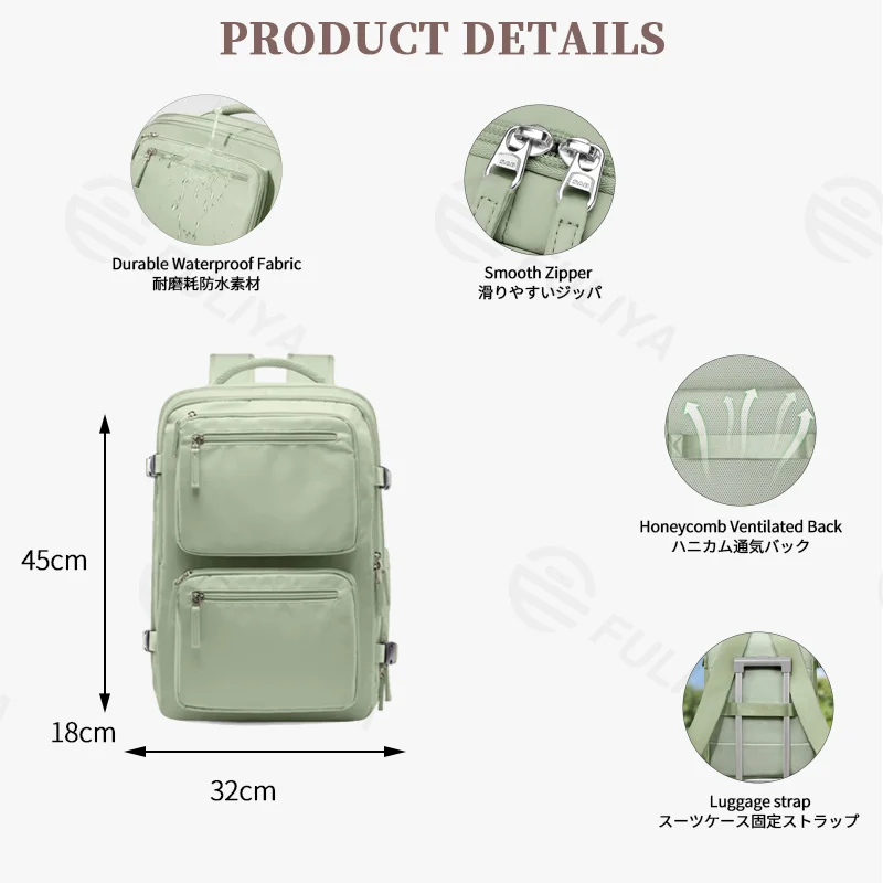 Guangzhou Fuliya Industry Co.,Ltd C-81298 Multi-functional travel backpack, 180° full-open, approx. 35L, shoe compartment, laptop compartment, luggage strap, and breathable back panel - for commuting, business trips, and short travel.