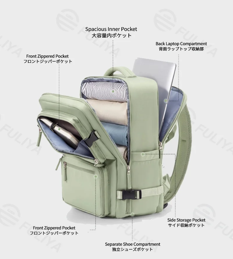 Guangzhou Fuliya Industry Co.,Ltd C-81298 Multi-functional travel backpack, 180° full-open, approx. 35L, shoe compartment, laptop compartment, luggage strap, and breathable back panel - for commuting, business trips, and short travel.