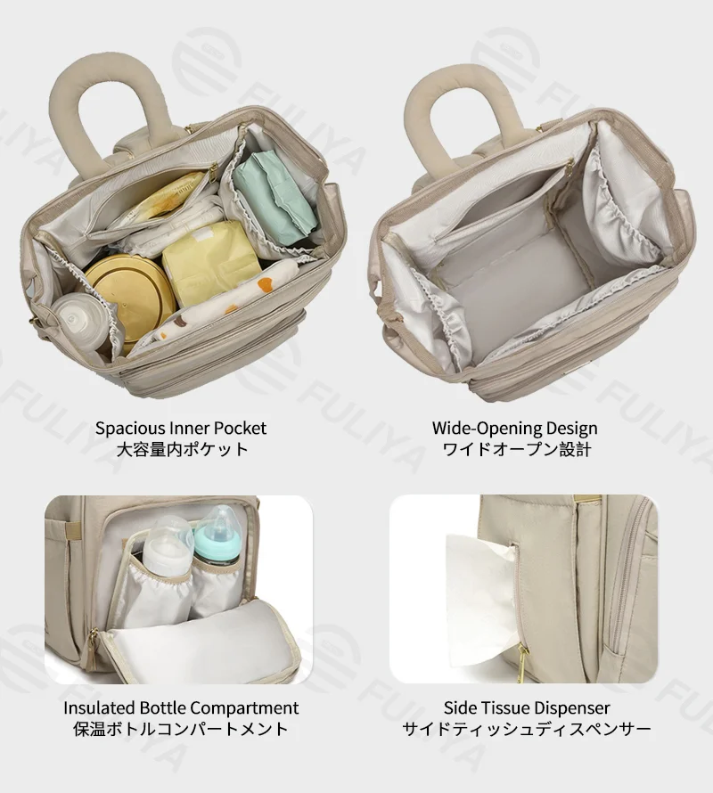 Guangzhou Fuliya Industry Co.,Ltd C-81299  Mommy backpack, water-resistant, large capacity, insulated bottle compartment, wide-opening main pocket, side tissue pocket, and comfortable handle - for baby outings.