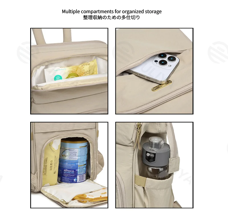 Guangzhou Fuliya Industry Co.,Ltd C-81299  Mommy backpack, water-resistant, large capacity, insulated bottle compartment, wide-opening main pocket, side tissue pocket, and comfortable handle - for baby outings.