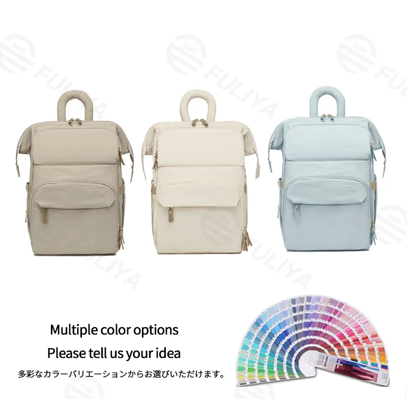 Guangzhou Fuliya Industry Co.,Ltd C-81299  Mommy backpack, water-resistant, large capacity, insulated bottle compartment, wide-opening main pocket, side tissue pocket, and comfortable handle - for baby outings.