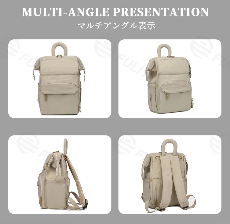 Guangzhou Fuliya Industry Co.,Ltd C-81299  Mommy backpack, water-resistant, large capacity, insulated bottle compartment, wide-opening main pocket, side tissue pocket, and comfortable handle - for baby outings.
