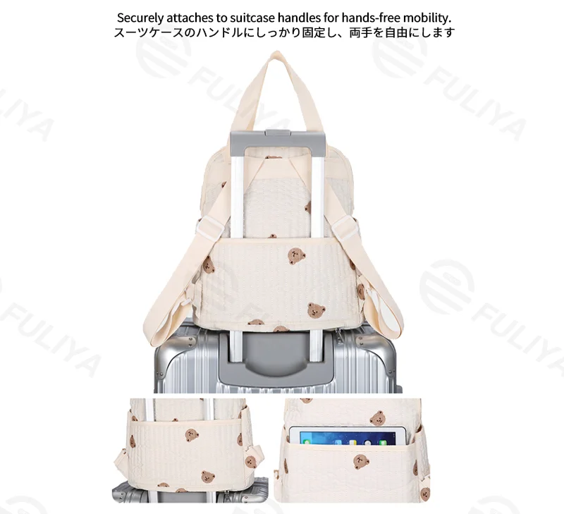 Guangzhou Fuliya Industry Co.,Ltd C-81301 Lightweight waterproof embroidered mommy backpack, luggage sleeve, wide opening, multi-pockets - for baby outings and travel.