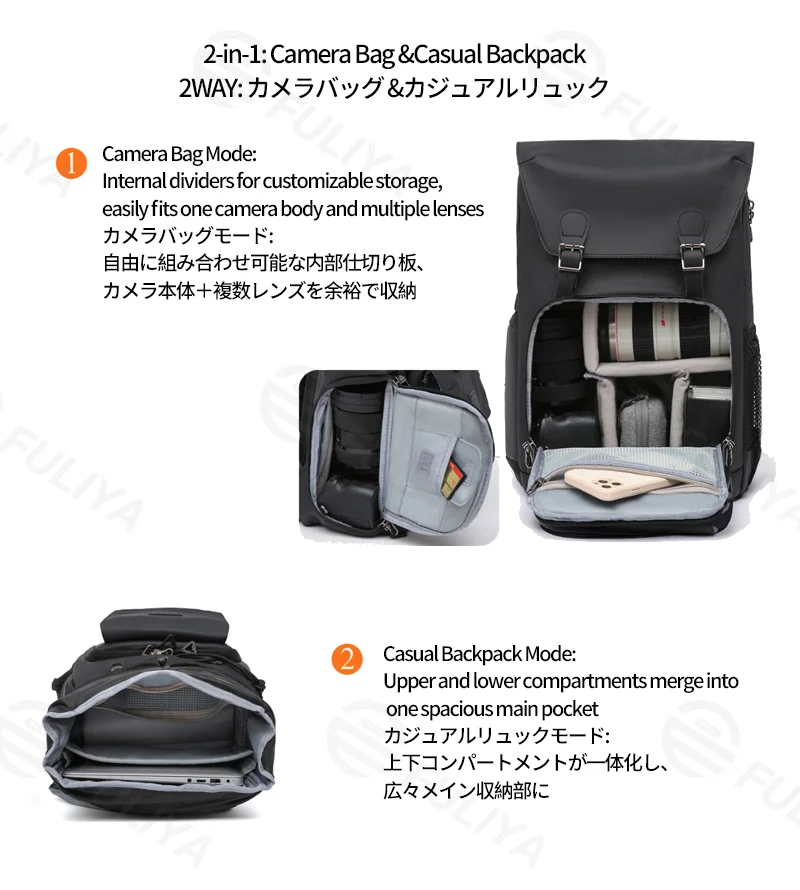 広州富麗雅実業有限会社  C-81304 2wayカメラリュック、カスタマイズ可能な仕切り、防水・防犯、大容量 - 撮影・通勤・旅行に。