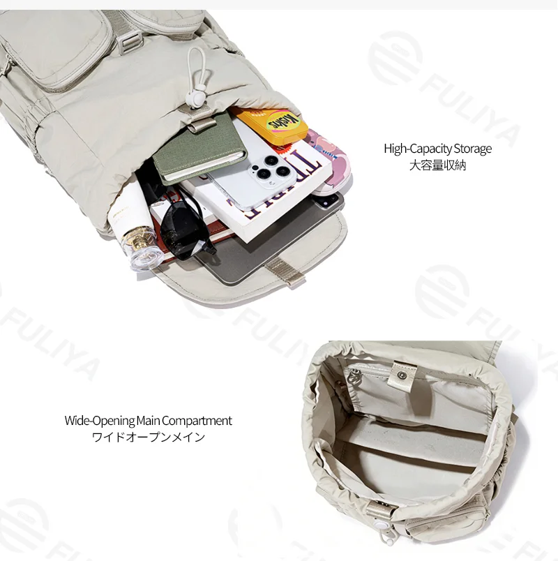 Guangzhou Fuliya Industry Co.,Ltd C-81320 Lightweight multi-pocket backpack, water-repellent fabric, wide-opening main compartment, top zipper pocket, non-slip chest buckle, available in S/L sizes - suitable for commuting, travel, and daily use.