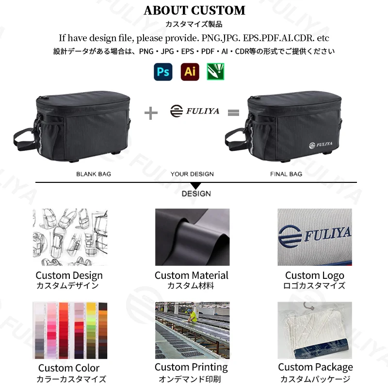 Guangzhou Fuliya Industry Co.,Ltd C-81337 Bicycle insulated bag with three carrying modes (bike mount, hand, shoulder), water-resistant zipper, adjustable Velcro strap, mesh side pocket - for outdoor cycling and travel.