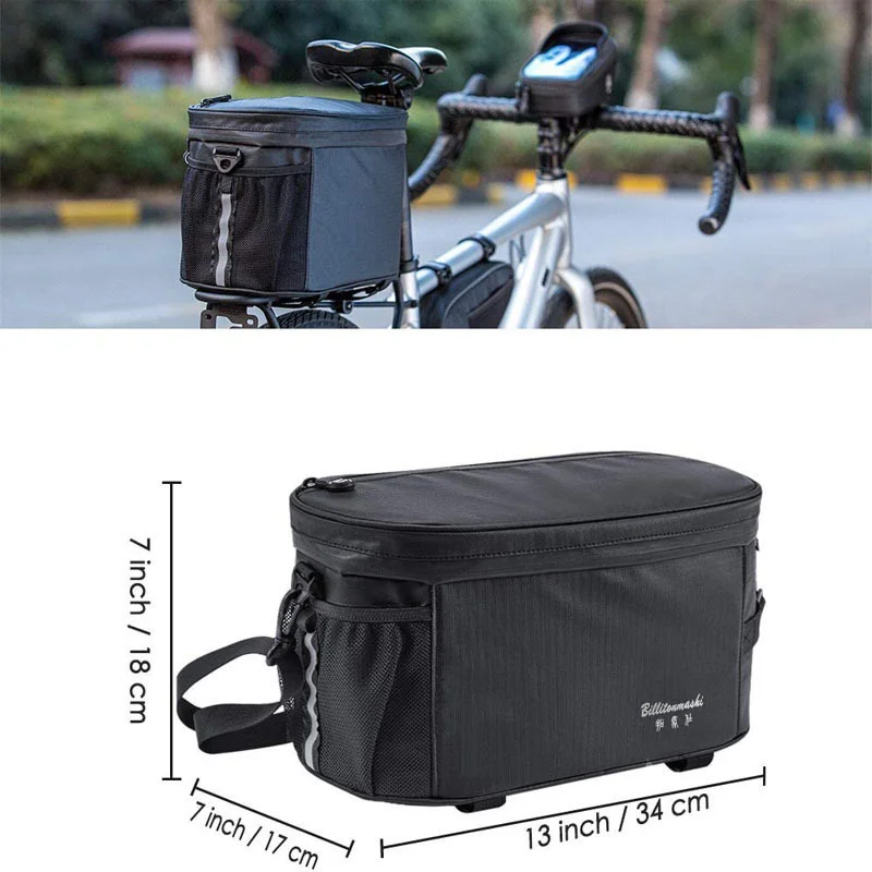 Guangzhou Fuliya Industry Co.,Ltd C-81337 Bicycle insulated bag with three carrying modes (bike mount, hand, shoulder), water-resistant zipper, adjustable Velcro strap, mesh side pocket - for outdoor cycling and travel.