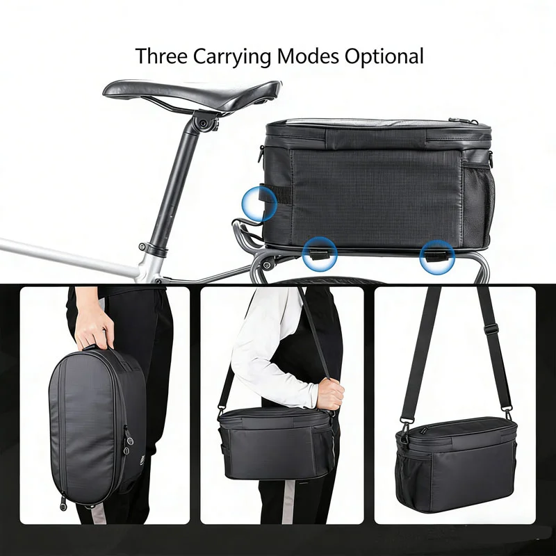 Guangzhou Fuliya Industry Co.,Ltd C-81337 Bicycle insulated bag with three carrying modes (bike mount, hand, shoulder), water-resistant zipper, adjustable Velcro strap, mesh side pocket - for outdoor cycling and travel.