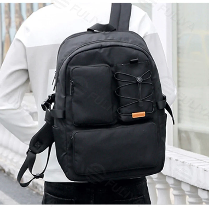 Guangzhou Fuliya Industry Co.,Ltd C-81339 Large-capacity backpack with laptop compartment, drawstring front pocket, multiple zipper pockets, side slip pocket, and luggage sleeve - suitable for travel, commuting, and campus.
