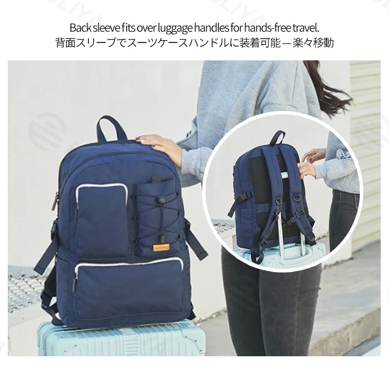 Guangzhou Fuliya Industry Co.,Ltd C-81339 Large-capacity backpack with laptop compartment, drawstring front pocket, multiple zipper pockets, side slip pocket, and luggage sleeve - suitable for travel, commuting, and campus.