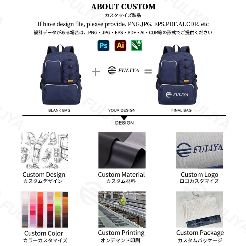 Guangzhou Fuliya Industry Co.,Ltd C-81339 Large-capacity backpack with laptop compartment, drawstring front pocket, multiple zipper pockets, side slip pocket, and luggage sleeve - suitable for travel, commuting, and campus.