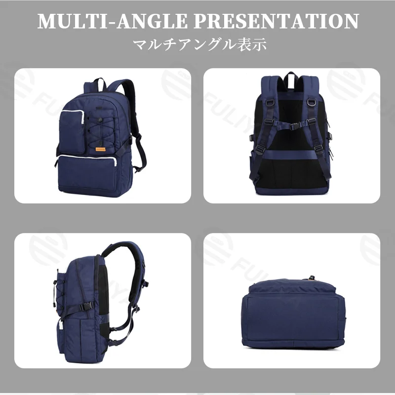 Guangzhou Fuliya Industry Co.,Ltd C-81339 Large-capacity backpack with laptop compartment, drawstring front pocket, multiple zipper pockets, side slip pocket, and luggage sleeve - suitable for travel, commuting, and campus.