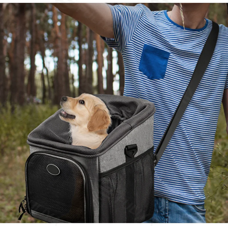 Guangzhou Fuliya Industry Co.,Ltd C-81340 This pet carrier is waterproof and breathable, with 4-way carry (hand, shoulder, crossbody, bike mount), four-sided mesh, easy assembly, and strong load capacity - ideal for travel, cycling, and airline check-in.