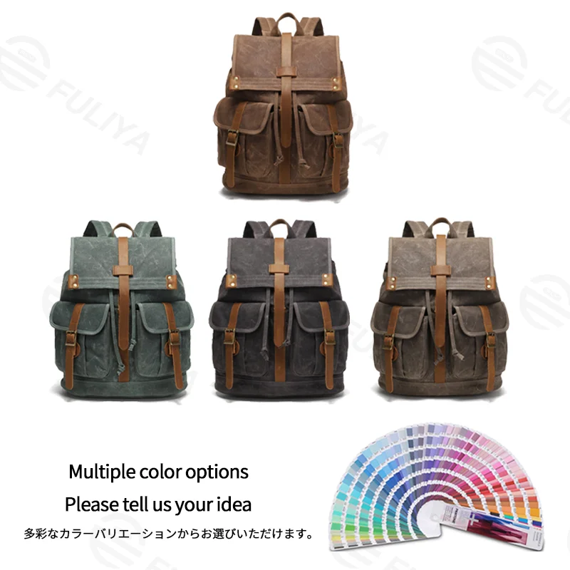 Guangzhou Fuliya Industry Co.,Ltd C-81341 This vintage waterproof backpack features oil-waxed canvas, drawstring and metal flap buckle closure, built-in laptop sleeve and multiple pockets, large capacity - ideal for travel, outdoor, and school.