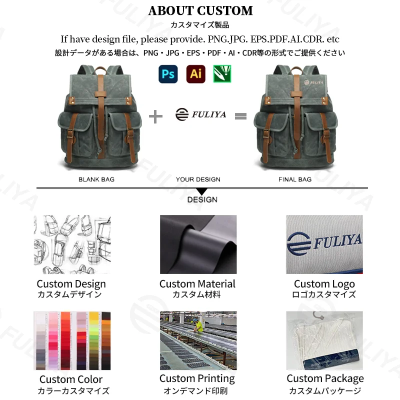 Guangzhou Fuliya Industry Co.,Ltd C-81341 This vintage waterproof backpack features oil-waxed canvas, drawstring and metal flap buckle closure, built-in laptop sleeve and multiple pockets, large capacity - ideal for travel, outdoor, and school.