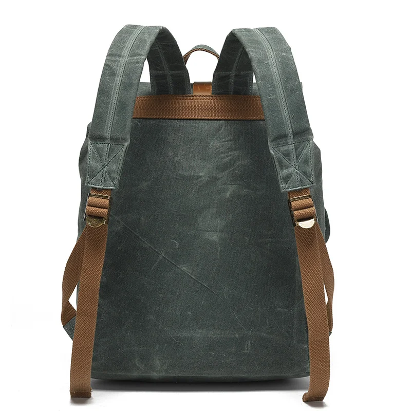 Guangzhou Fuliya Industry Co.,Ltd C-81341 This vintage waterproof backpack features oil-waxed canvas, drawstring and metal flap buckle closure, built-in laptop sleeve and multiple pockets, large capacity - ideal for travel, outdoor, and school.