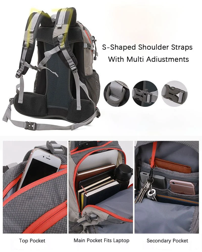 Guangzhou Fuliya Industry Co.,Ltd C-81342 Water-repellent tear-resistant nylon, S-shaped straps, breathable shoe compartment, rain cover, multiple pockets - for trekking, climbing, camping.