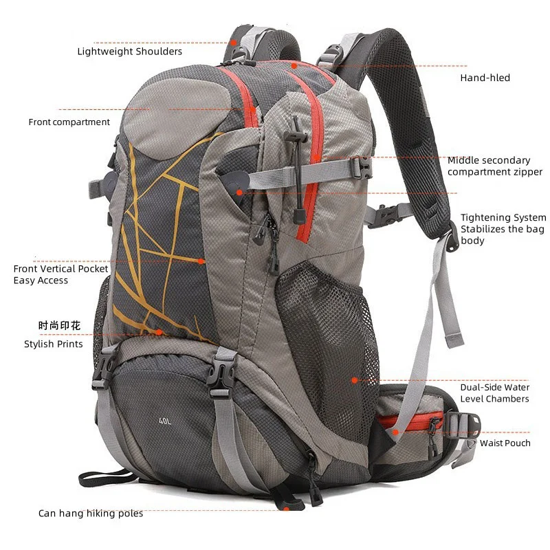 Guangzhou Fuliya Industry Co.,Ltd C-81342 Water-repellent tear-resistant nylon, S-shaped straps, breathable shoe compartment, rain cover, multiple pockets - for trekking, climbing, camping.