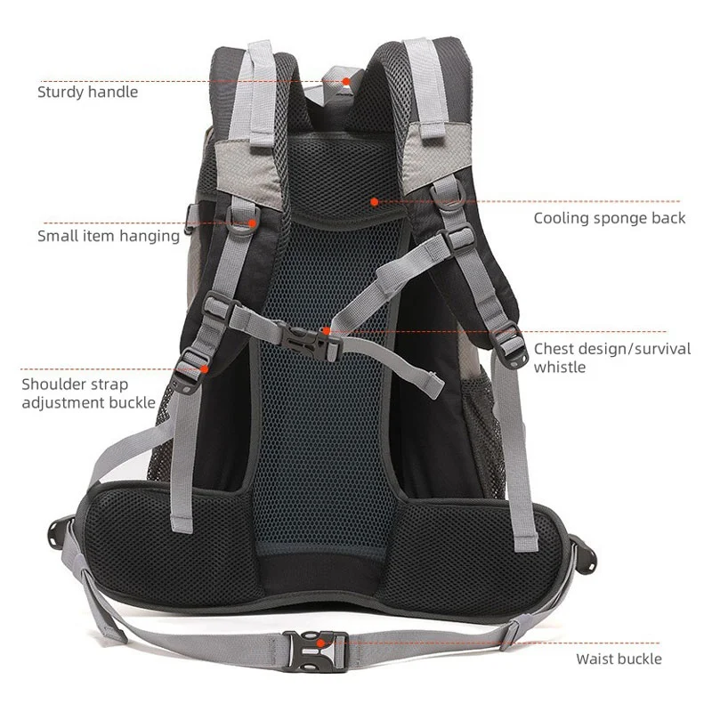 Guangzhou Fuliya Industry Co.,Ltd C-81342 Water-repellent tear-resistant nylon, S-shaped straps, breathable shoe compartment, rain cover, multiple pockets - for trekking, climbing, camping.