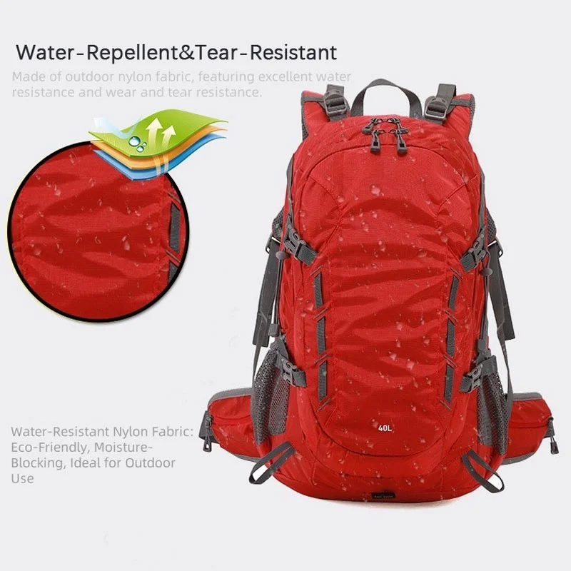 Guangzhou Fuliya Industry Co.,Ltd C-81342 Water-repellent tear-resistant nylon, S-shaped straps, breathable shoe compartment, rain cover, multiple pockets - for trekking, climbing, camping.