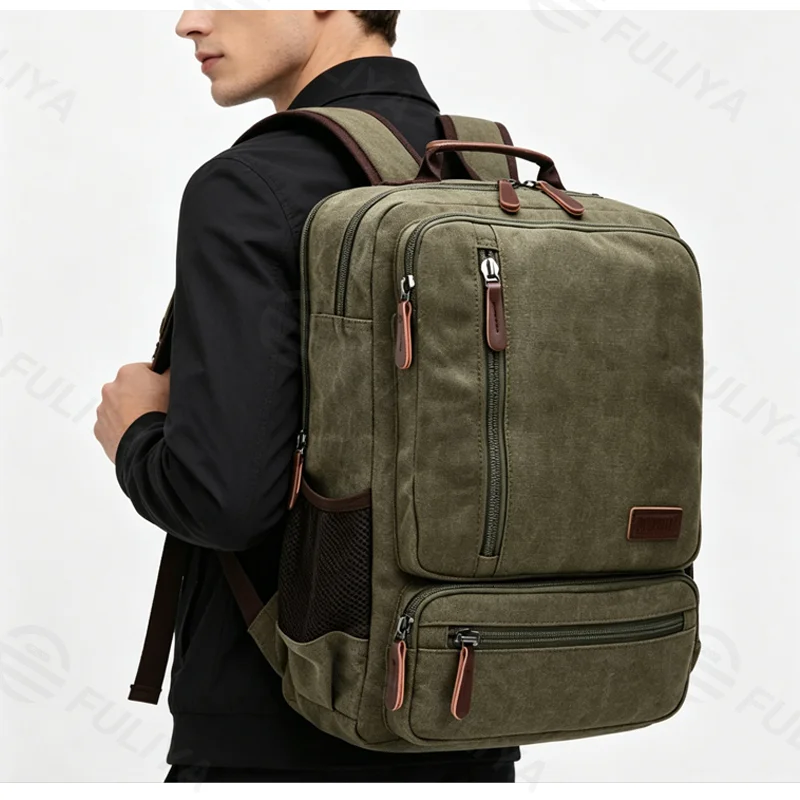 Guangzhou Fuliya Industry Co.,Ltd C-81343 This canvas backpack features a large main compartment, dedicated laptop sleeve, external multi-functional pocket, and adjustable straps - ideal for school, travel, and daily use.