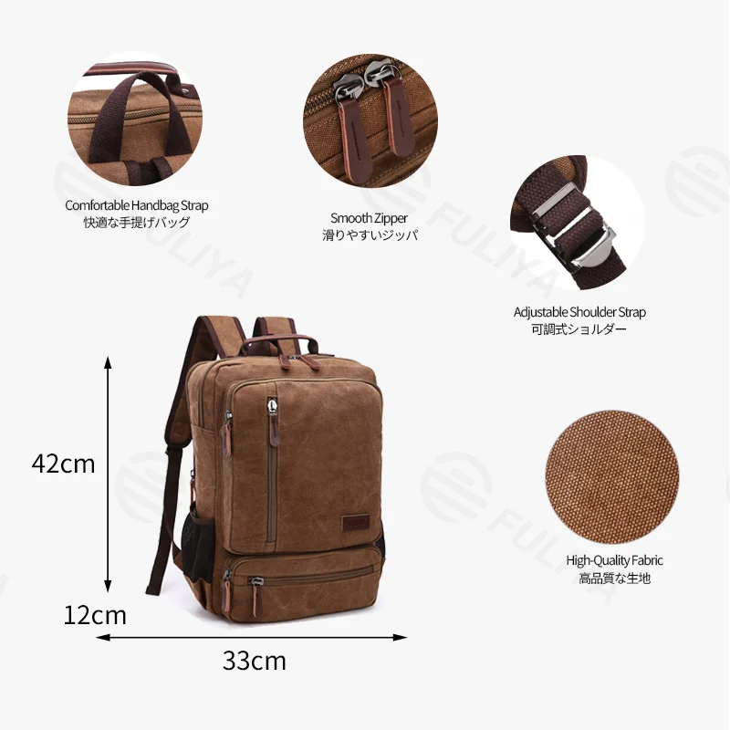 Guangzhou Fuliya Industry Co.,Ltd C-81343 This canvas backpack features a large main compartment, dedicated laptop sleeve, external multi-functional pocket, and adjustable straps - ideal for school, travel, and daily use.