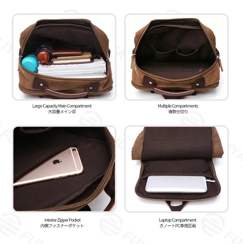 Guangzhou Fuliya Industry Co.,Ltd C-81343 This canvas backpack features a large main compartment, dedicated laptop sleeve, external multi-functional pocket, and adjustable straps - ideal for school, travel, and daily use.