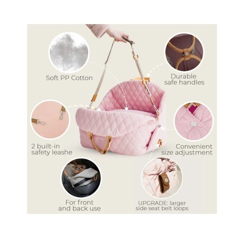 Guangzhou Fuliya Industry Co.,Ltd C-81344 Luxury quilted pet carrier, breathable for all seasons, 3-way carry (hand/shoulder/car), built-in safety leash, adjustable strap - ideal for small dogs.